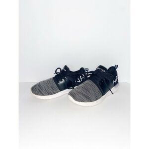 Nautica Womens Knit Sneaker Logo Back Strap Black White Lace Up Athletic Sz 8